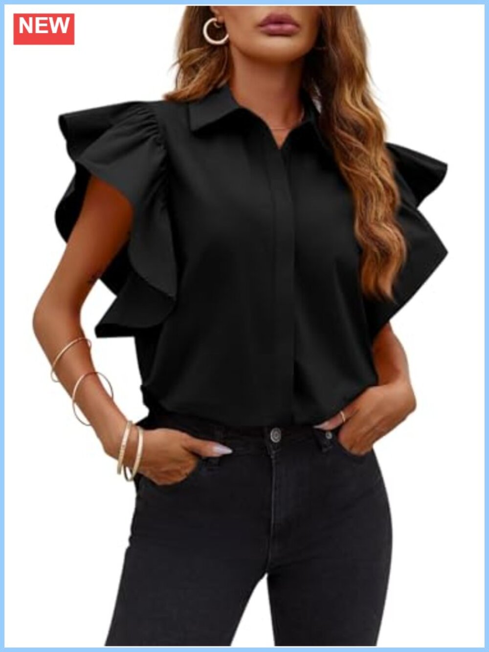 Women's Ruffle Short Sleeve Button Down Poplin Blouse